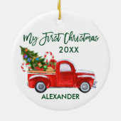 Mijn eerste kersttruck Candy Canes Baby Green Keramisch Ornament (Achterkant)