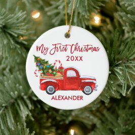 Mijn eerste kersttruck Candy Canes Baby Red Keramisch Ornament