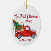 Mijn eerste kersttruck Candy Canes Baby Red Keramisch Ornament (Rechts)