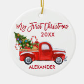 Mijn eerste kersttruck Candy Canes Baby Red Keramisch Ornament (Voorkant)