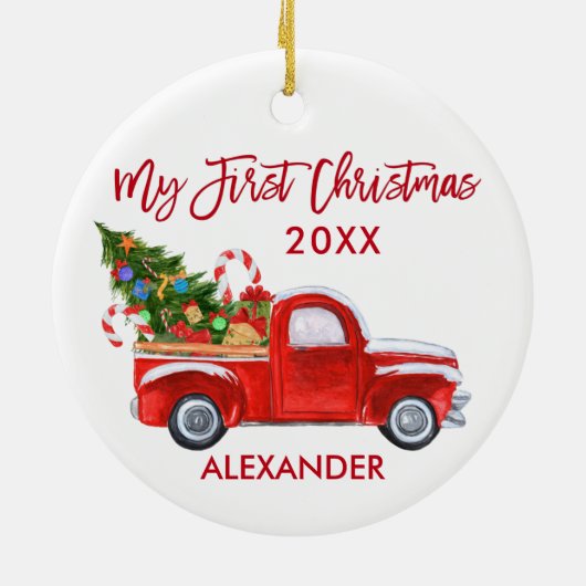 Mijn eerste kersttruck Candy Canes Baby Red Keramisch Ornament (Achterkant)