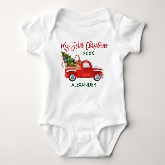 Mijn eerste kersttruck Candy Canes Green Red Romper (Voorkant)