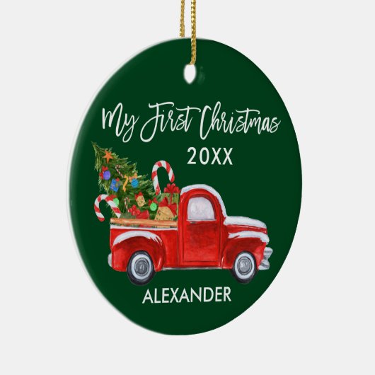 Mijn eerste kerstvierkant Red Truck Candy Canes Ba Keramisch Ornament (Rechts)