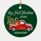 Mijn eerste kerstvierkant Red Truck Candy Canes Ba Keramisch Ornament (Voorkant)