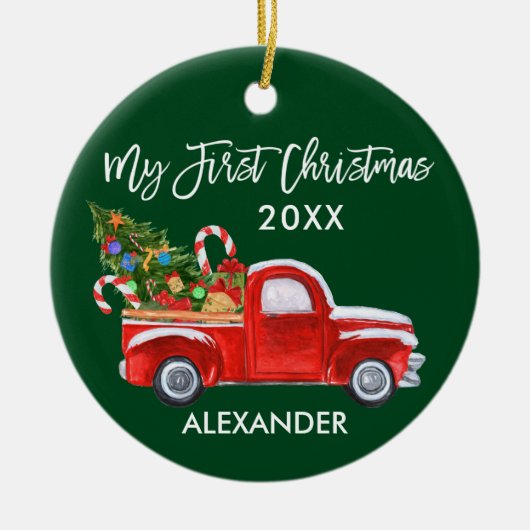 Mijn eerste kerstvierkant Red Truck Candy Canes Ba Keramisch Ornament (Voorkant)