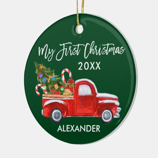 Mijn eerste kerstvierkant Red Truck Candy Canes Ba Keramisch Ornament (Links)