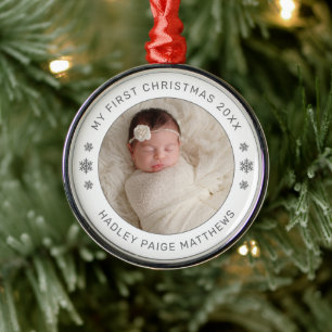 Mijn eerste kerstwitte persoonlijke foto van Baby Metalen Ornament