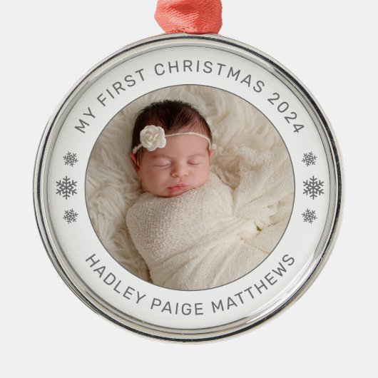 Mijn eerste kerstwitte persoonlijke foto van Baby Metalen Ornament (Voorkant)