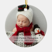Mijn eerste kerstwitte strippe Baby foto op maat Keramisch Ornament (Voorkant)
