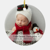 Mijn eerste kerstwitte strippe Baby foto op maat Keramisch Ornament (Achterkant)