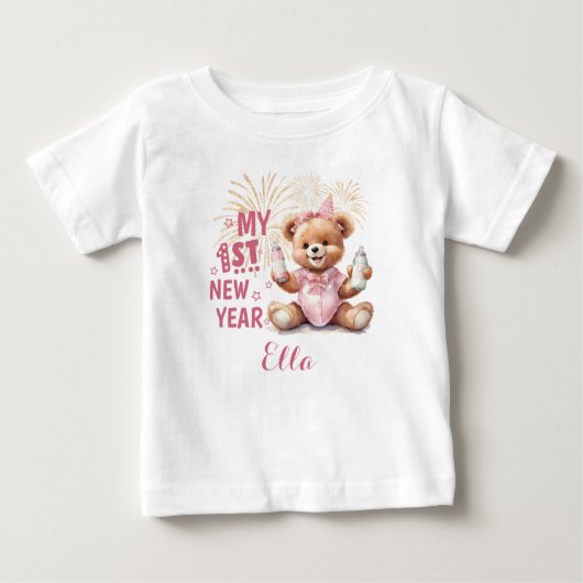 Mijn eerste Nieuwjaar Meisje Naam Roze Beer Baby T (Voorkant)