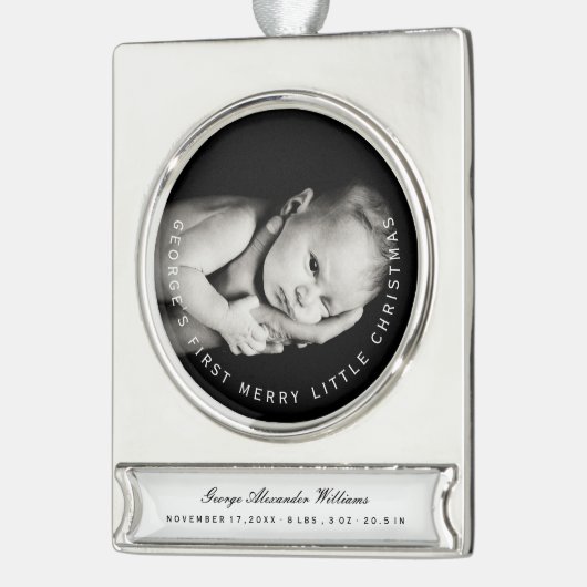 Mijn eerste prettige kerstcirkeltypografie verzilverd banner ornament (Links)