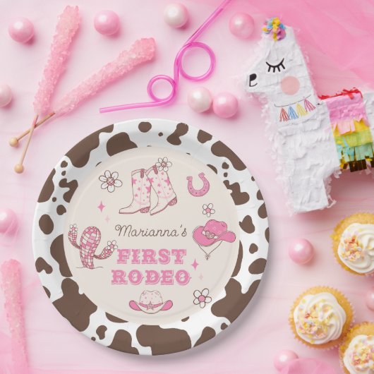 Mijn eerste Rodeo Cowgirl roze bruin verjaardagsfe Papieren Bordje (Feest)