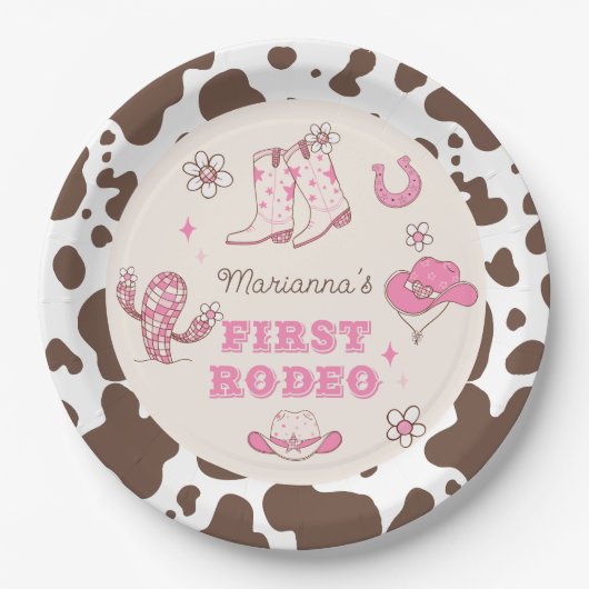 Mijn eerste Rodeo Cowgirl roze bruin verjaardagsfe Papieren Bordje (Voorkant)