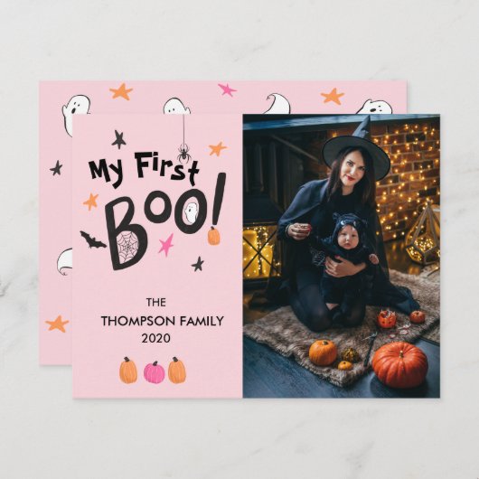 Mijn eerste roze Boo Halloween Baby Pastel Holiday Feestdagenkaart (Voorkant / Achterkant)