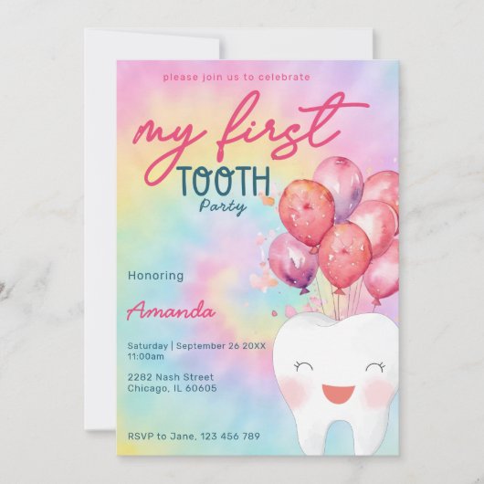 Mijn eerste Tandenfeestje Tie Dye Balloon Girly Kaart (Voorkant)
