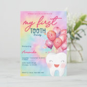 Mijn eerste Tandenfeestje Tie Dye Balloon Girly Kaart (Staand voorkant)