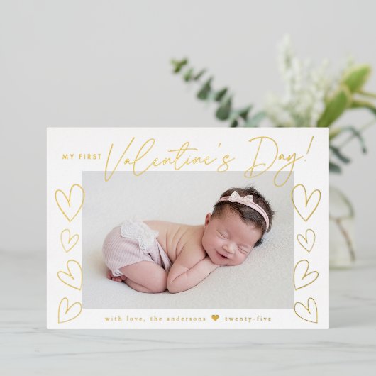 Mijn eerste Valentijnsdag Gold Script-foto Folie Feestdagenkaart (Staand Voorkant)