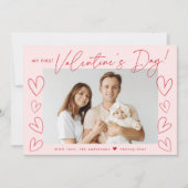 Mijn eerste Valentijnsdag Roze en Rood Script Foto Feestdagenkaart (Voorkant)