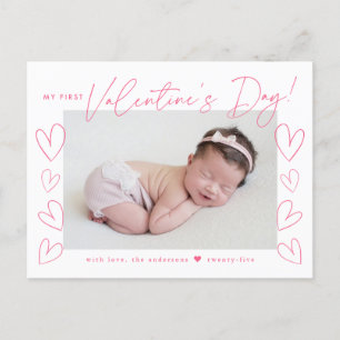 Mijn eerste Valentijnsdag Roze Script Foto Feestdagenkaart
