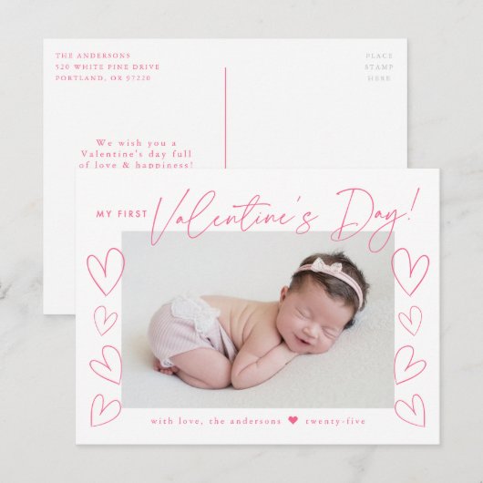 Mijn eerste Valentijnsdag Roze Script Foto Feestdagenkaart (Voorkant / Achterkant)