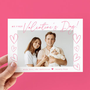 Mijn eerste Valentijnsdag Roze Script Foto Feestdagenkaart
