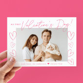 Mijn eerste Valentijnsdag Roze Script Foto Feestdagenkaart