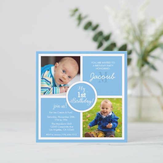 Mijn eerste verjaardag (eerst) - Sky Blue Squares  Kaart (Staand voorkant)