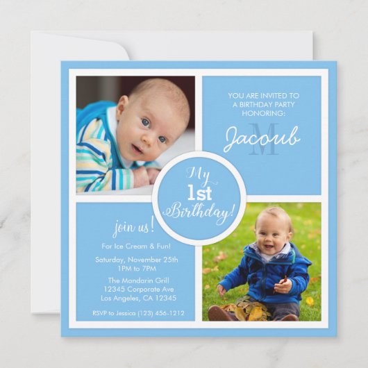 Mijn eerste verjaardag (eerst) - Sky Blue Squares  Kaart (Voorkant)