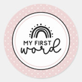 Mijn eerste woord regenbogen en polka dots mijlpaa ronde sticker (Voorkant)
