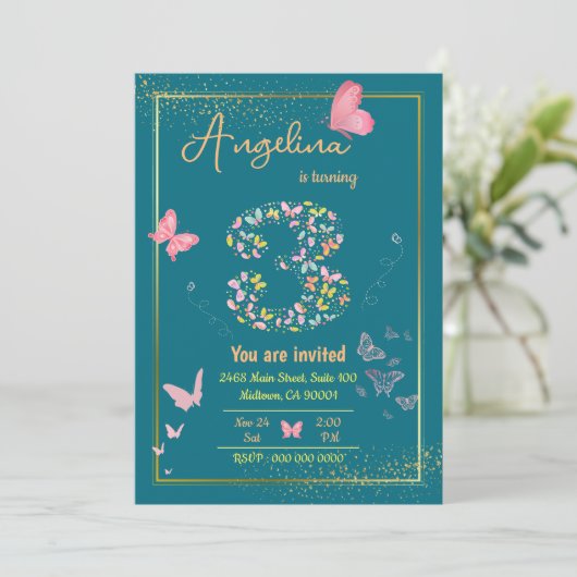 Mijn engel wordt drie: de verjaardag van mijn vlin kaart (Staand voorkant)