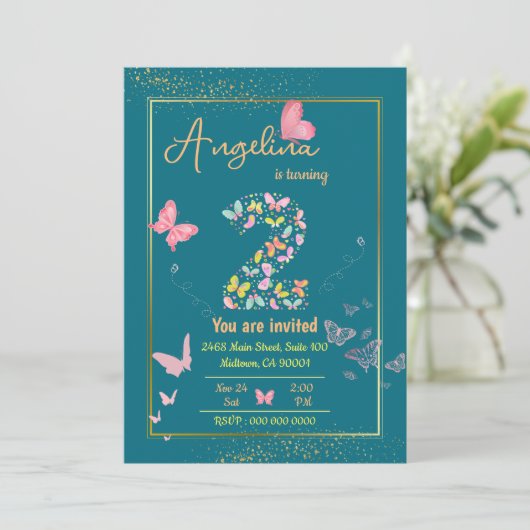 Mijn engel wordt twee: mijn vlinder is jarig kaart (Staand voorkant)