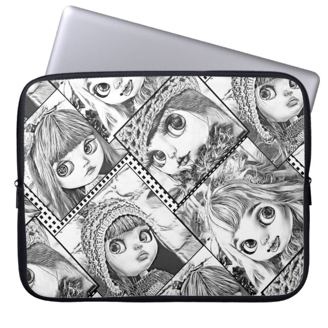 Mijn favoriete zwart-wit patchwork poppen laptop sleeve (Voorkant)