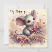 Mijn Geliefde Hart Bloemen Waterverf Mouse Valenti Feestdagenkaart (Voorkant)