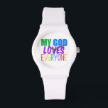 Mijn God houdt van iedereen Horloge<br><div class="desc">Mijn God houdt van iedereen. Geweldig geschenk voor een homoseksuele Christelijk of voor iemand van welke religie dan ook die gelooft in een hogere macht die van iedereen houdt,  homo of hetero.  regenboogtekst.</div>