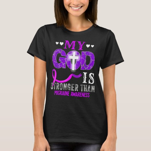Mijn God is sterker dan Migraine Awareness Paars T-shirt (Voorkant)