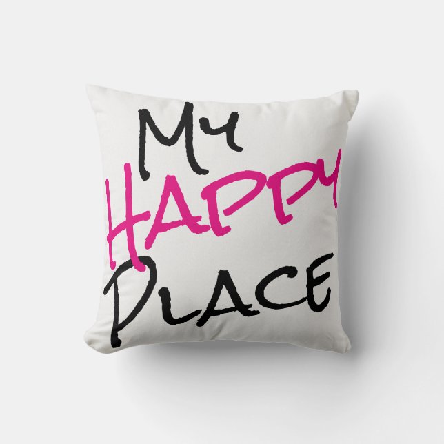 Mijn Happy Place Black White Roze Kussen (Voorkant)