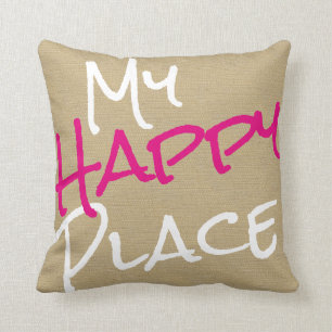 Mijn Happy Place roze en White Canvas Print Kussen