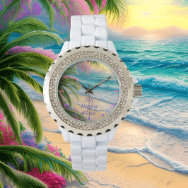 Mijn Happy Place Strand Strass op Wit Horloge