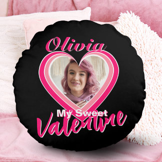 Mijn Hartelijke Valentijn Hart Foto Naam Roze Zwar Rond Kussen