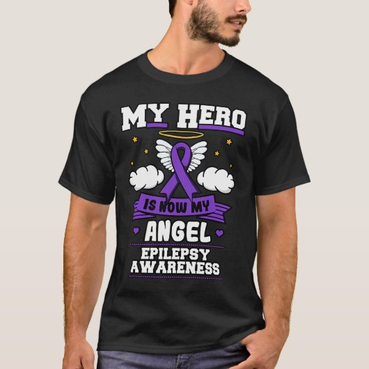 Mijn Hero is nu mijn Angel Epilepsy Paarse Ribbon  T-shirt (Voorkant)