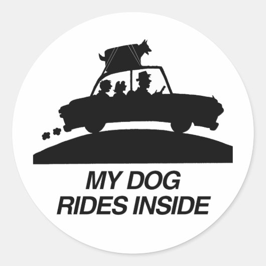 Mijn hond rijdt binnen.png ronde sticker (Voorkant)