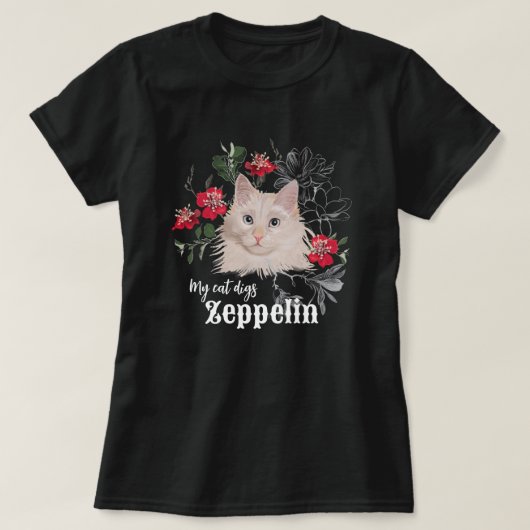 Mijn kat graaft Zeppelin t-shirt zwart wit (Design voorkant)