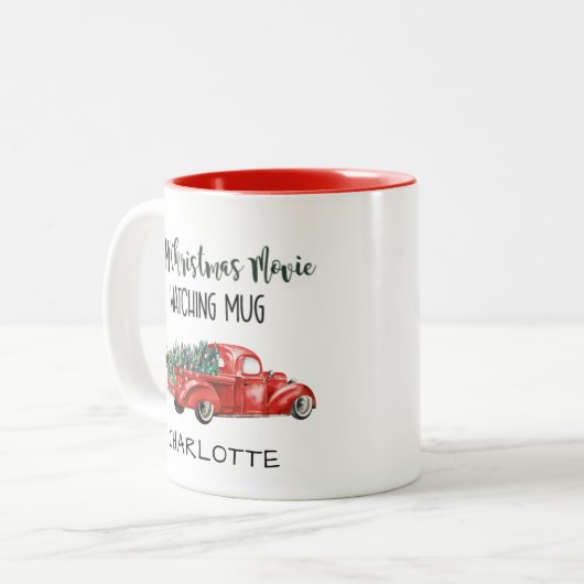 Mijn kerstfilm kijken naar rode  vrachtwagennaam tweekleurige koffiemok (Voorkant links)