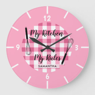Mijn keuken Mijn regels Roze Gingham Farmhouse Grote Klok