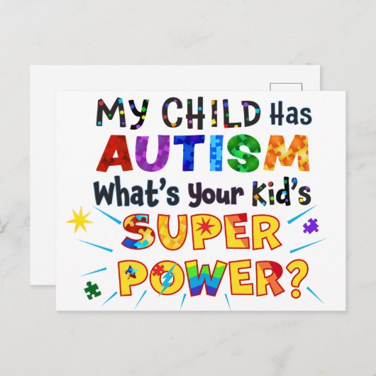 Mijn kind heeft AUTISM wat is uw Kind SUPER POWER? Briefkaart (Voorkant / Achterkant)
