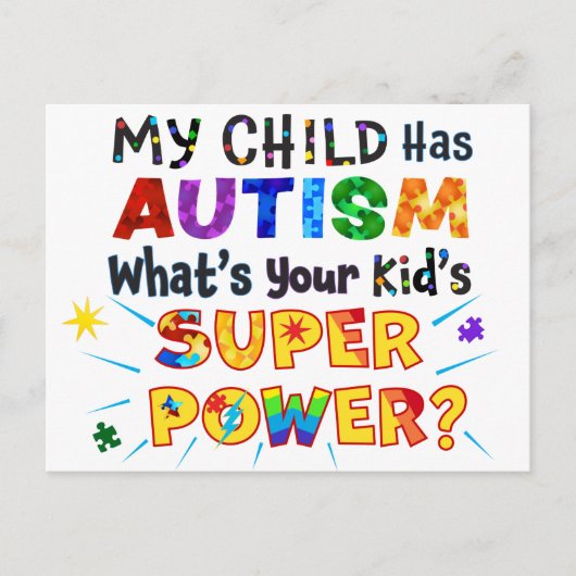 Mijn kind heeft AUTISM wat is uw Kind SUPER POWER? Briefkaart (Voorkant)