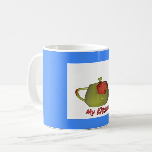 MIJN KITCHEN TEAPOT OP BLAUW KOFFIEMOK (Voorkant links)