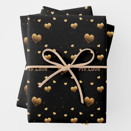 Mijn liefde Elegant Gold Hearts op Black Inpakpapier Vel (In situ)