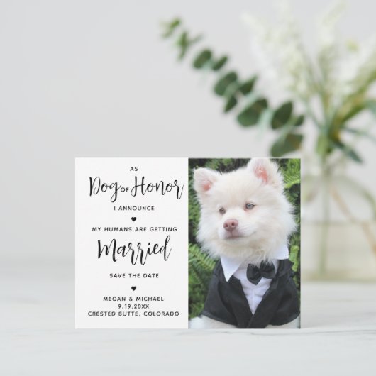 Mijn mensen worden gehuwd - moderne hondenweduwen aankondigingskaart (Staand voorkant)
